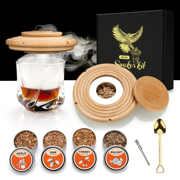 Cocktail Smoker Kit with 4 Wood Chips, Old Fashioned Whiskey Smoker Drinks Kit, Whisky Smoker for Cocktails, Wine, Whiskey, Bourbon, Husband, Dad - Beech