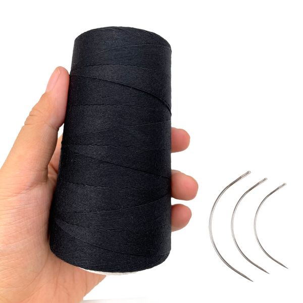 Atimiaza Thick Thread for Sewing Hair, Black Weaving Thread Polyester Thread for Making Wig, Hair Extension Sewing Thread with 3 Pcs Curved Needles (Black)