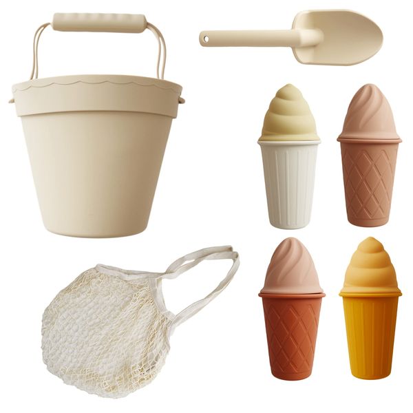 Marlowe & Co Silicone Ice Cream Toy Beach Set, Silicone Bucket, Shovel, 4 Ice Cream Cone Sand Molds, Beach and Pool Toy (Natural Sunset)