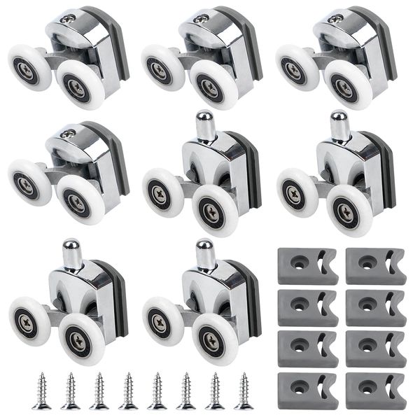 Curved Shower Door Rollers, 8pcs Shower Glass Door Rollers, 23mm Replacement Shower Door Wheels with Anti-Collision Block and Screws Chrome, Shower Roller Wheels for Curved Bathroom Showerroom Doors