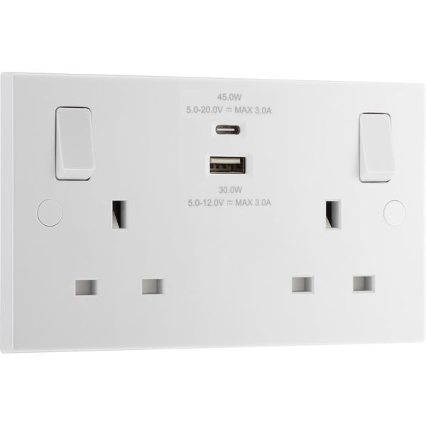 BG Electrical Double Switched Power Wall Plug Socket with Super Fast Charge Type A & C USB Charging Ports, Square Edge, Nexus 900 Series, White Moulded, 13A, 45W, 922UAC45