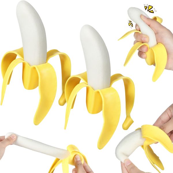 2 Pcs Banana Toy Stretchy Banana Fidget Toy Rubber Banana Soft Kawaii Banana Novelty Stress Relief Toys Funny Peeled Fake Banana Fruit Stress Toy Birthday Party Favors for Teens Adults