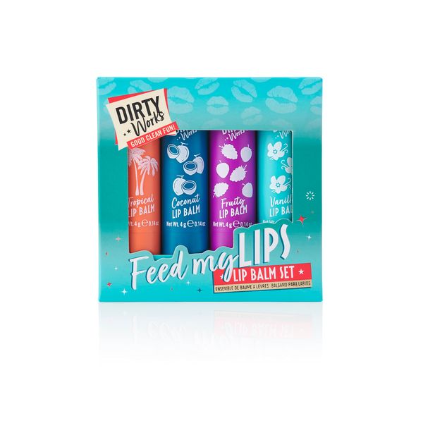 Dirty Works Feed My Lips, Lip Balm Set, 4 x 4g Lip Salve Tubes Gift Set, Various Flavours, 4 g (Pack of 4)