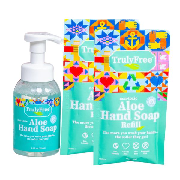 Truly Free Aloe Liquid Hand Soap Starter Kit - 1 8.5oz Dispenser Pump Bottle, 2 Hand Soap Refill - Non Drying, Moisturizing With 10x Concentrated Aloe Vera - No Harsh Ingredients - Health & Household