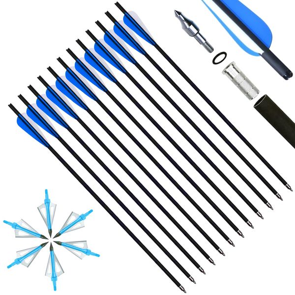 VNAKER 20 Inch Carbon Crossbow Bolts 12 Pack and Hunting Broadheads 6 Pack, Carbon Crossbow Arrows for Hunting and Outdoor Practice(Blue)