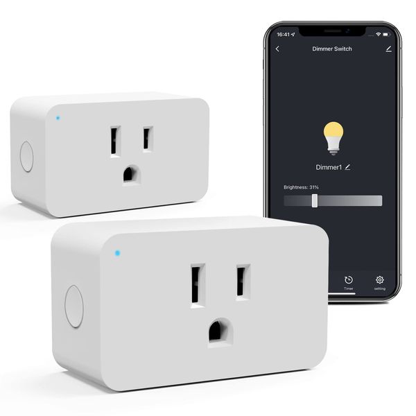 WiFi Dimmable Smart Plug 2 Pack, Alexa Smart Plugs Work with Alexa for Voice Control, Mini Dimmer Switch Outlet Dimmable LED, CFL, Halogen and Incandescent Bulbs, Lamps, 2.4GHz, No Hub Required