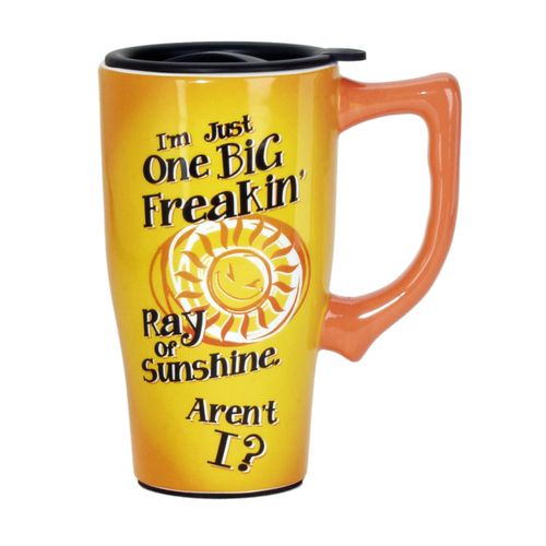 Spoontiques - Ceramic Travel Mugs - Big Ray Of Sunshine Cup - Hot or Cold Beverages - Gift for Coffee Lovers