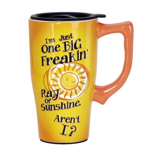 Spoontiques - Ceramic Travel Mugs - Big Ray Of Sunshine Cup - Hot or Cold Beverages - Gift for Coffee Lovers