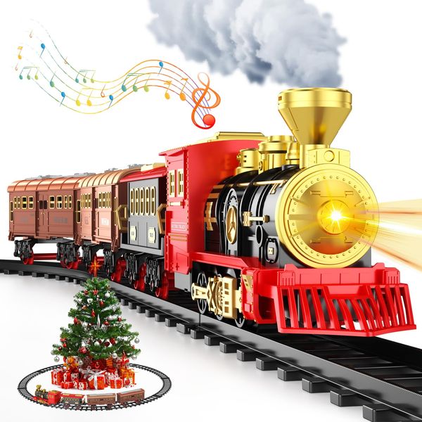 Christmas Train Set with Smokes, Lights & Sound Train Set for Under Christmas Tree Stream Locomotive Electric Train Sets for Kids Carriages & Tracks for Trains for Toddlers 3-5,Christmas Tree Train