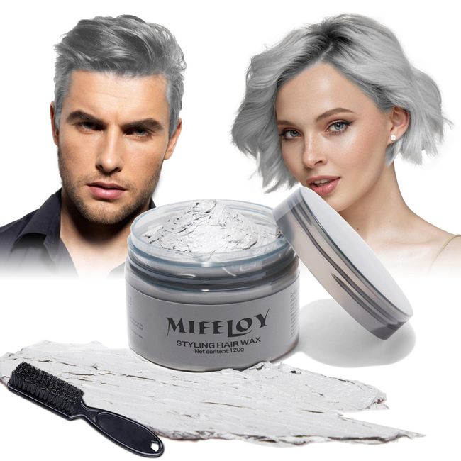 Temporary Silver Gray Hair Spray Color Wax with Dye Brush, Instant Natural Hairstyle Cream 4.23 oz, Disposable Coloring Mud for Men Women Youth, Grey Styling Pomades, Party Cosplay DIY Halloween