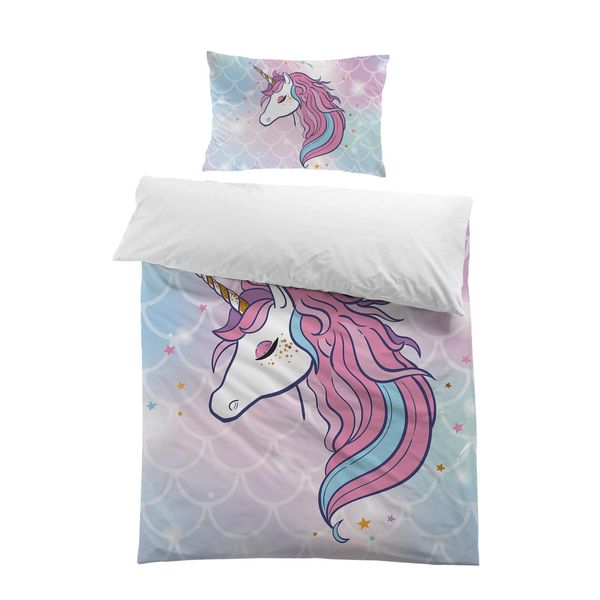 MUSOLEI Unicorn Duvet Cover Single Kids Pink Mermaid Bedding Set Blue Zipper Quilt Bed Cover Soft Multi-Colour Gift,with Pillowcase(Single)