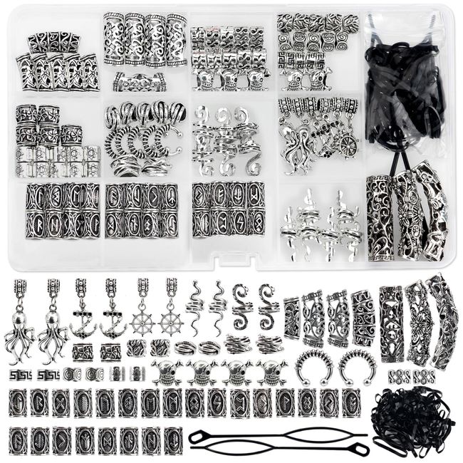 WNJ Viking Hair Jewelry, 165 PCS Beard Beads, Nordic Rune Tube Beads, Hair Tube Braided Dreadlocks Viking Jewelry, DIY Braid Hair Charms Hair Braid Bracelet Pendant Necklace Accessories, Metal Clips Cuffs Rings