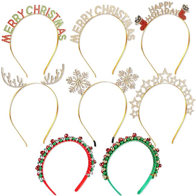 Ceenna 8 Pcs Christmas Headbands for Women Xmas Bell Hairband Rhinestone Reindeer Antler Snowflake Headband for Girls Cosplay (Gold)