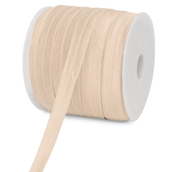 Teemico 50 Yards Elastic Stretch Foldover Ribbon Nylon Ribbon Rubber Band for Hair Ties Headbands,(15mm Width, Beige)