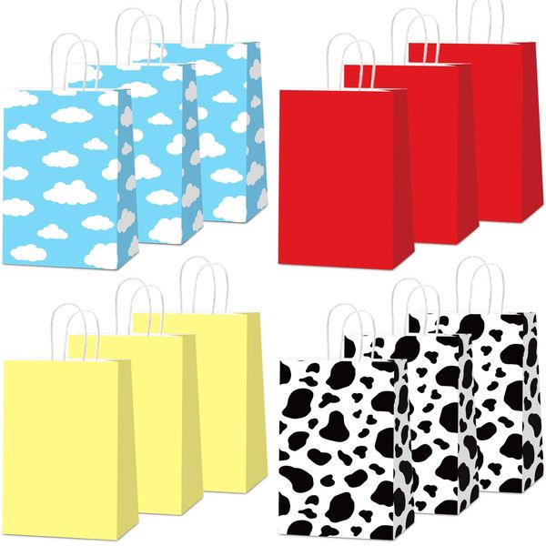 CHUNNIN 24Pcs Cartoon Story Birthday Party Paper Gift Bags Toy Inspired Game Story Party Goodie Bag Cow Print Sky Blue Cloud Treat Bag Decoration for Kids Toy Birthday Baby Shower Party Supplies