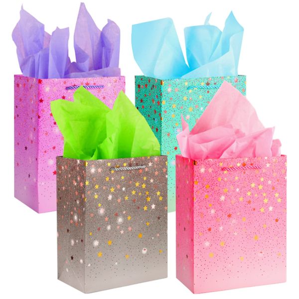 4 Gift Bags (9x 7x 4 inch) with Tissue Paper Birthday Gift Bag Set with Handle Paper Gift Bags for Present for Women Men Kids Parties, Wedding, Baby Shower Graduation Gift Bags