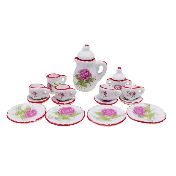 15 Pack Miniature Ceramic Doll Tea Set Dollhouse Tea Cup Set Decoration Accessories for Scale 1:12 Dollhouse Craft (Confederate rose)