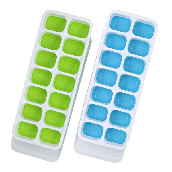 Ice Cube Trays, 2 packs Ice Cube Moulds with No-Spill Removable Lid, Easy-Release Silicone and Flexible Ice Trays for Freezer, Whiskey, Cocktail and Drink (2pack Blue&Green)