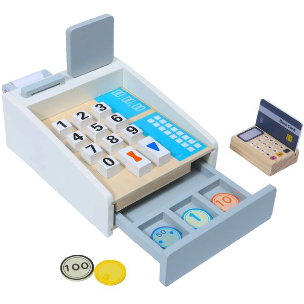 Montessori Mama Wooden Kids Cash Register Toy – Pretend Play Money for Kids Toy - Kids Cash Register with Scanner and Credit Card – Safe, Wood Construction – Perfect for Gift Giving