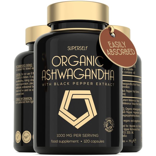 Organic Ashwagandha High Strength - 1000mg Ashwagandha Capsules - Pure Ashwagandha Powder with Black Pepper - 120 Ashwaganda Tablets Herbal Vegan Supplement - UK Organic Certified by Soil Association