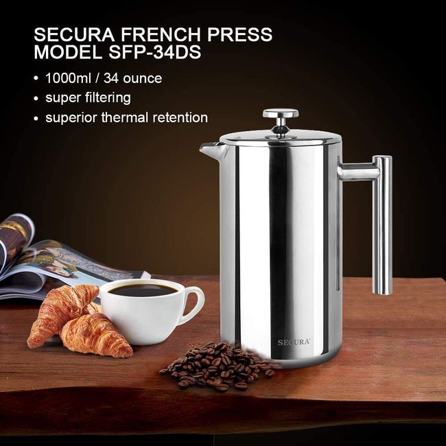 Minimal Stainless Steel Double Walled French Press, 1000ml