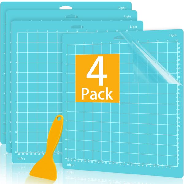 Colemoly 12x12 Cutting Mat 4 Pack Light for Cricut Maker 3/Maker/Explore 3/Air 2/Air/One 1 Pack Cut Cards Scraper Blue Grip Sticky Cricket Replacement Accessories Pad for Supplies,Crafts,Quilting