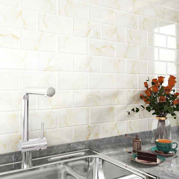 FunStick Fliesenaufkleber Küche Marmor Klebefolie Fliesenoptik Weiß Gold Selbstklebende Vinyl Fliesen Wand Bad Küche Klebefliesen Weiß Gold Wandaufkleber Küche Fliesen Wand Marmoroptik 30×30CM 5 Stück