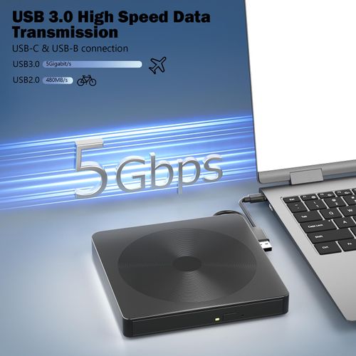 Alphami External CD/DVD Drive for Laptop with USB 3.0 & Type-C, Portable DVD Burner, Cd ROM External Drive for Laptop, Lightweight Cd Drive External USB Compatible with PC, Windows Mac Os Linux