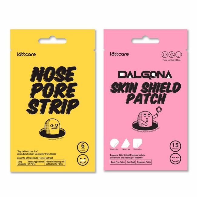 lattcare Calendula Nose Pore Strips 6Ct + Dalgona Skin Shield Patches 15Ct | Duo Pack | Blackheads Remover | Blackheads Remover | Pimple Patches | Hydrocolloid Acne Patches | 2 Items of 1 Pack