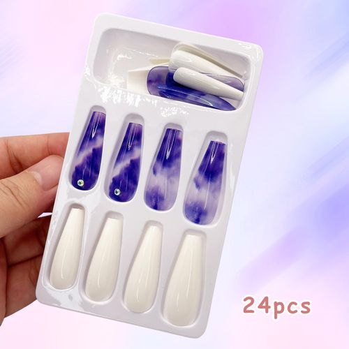 24 Pezzi Acrilico Unghie Finte, Unghie Tips Set, Unghie Finte Colorate Corte per Ragazza Nail Art Copertura Completa Unghie Artificiali Decorazione Fai da Te Arte Unghie, Bianco e Viola