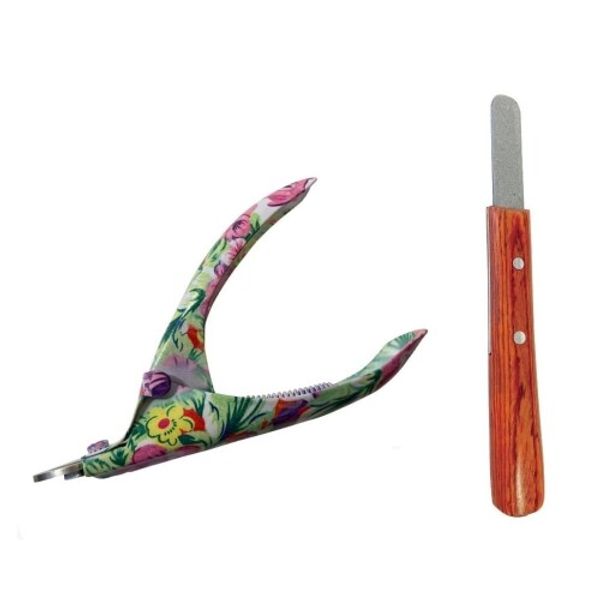 Wannyan Factory Guillotine-type nail clipper (flower pattern) and diamond file set, with case