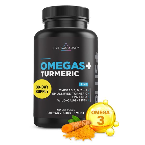 Livingood Daily Omega 3 6 9 Plus Turmeric Curcumin - Omega 3 Supplement (EPA & DHA) - Supports Heart Health - Joint Supplements - 60 Softgels