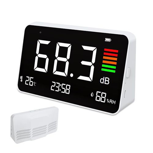 5-in-1 Decibel Meter,Digital Sound Level Meter 30-130db,8.5" LED Display Desktop Noise Time Temperature Humidity Meter for Classroom, Studio, Home, Factory