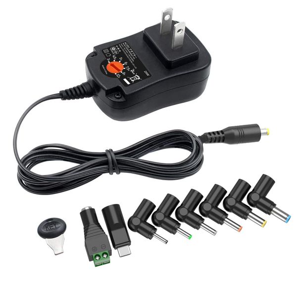 Outtag 24W 2A Multi Power AC Adapter 3V 4.5V 5V 6V 7.5V 9V 12V Multi Voltage 1.5a 1.2a 1a 0.8a 0.5a Universal Adapter CCTV Camera Speaker USB Tablet LED Strip Adapter with 8pcs DC Plug 5.5*2.1mm