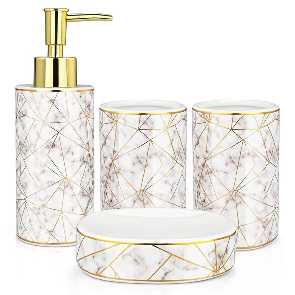 Bathroom Accessories Set, 4 Piece Ceramic Bath Accessory Set Includes 2Pcs Toothbrush Holder/Tumbler, 300ml Liquid Soap or Lotion Dispenser & Soap Dish Marble Pattern Bathroom Storage