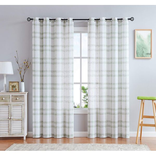 Randall White Green Geometric Window Curtain Panel Pairs 84" Long for Living Room Linen Blend Semi Sheers Grommets Top Rustic Farmhouse Style Window Treatment Drape Sets 54"x84"x2, Sage/White