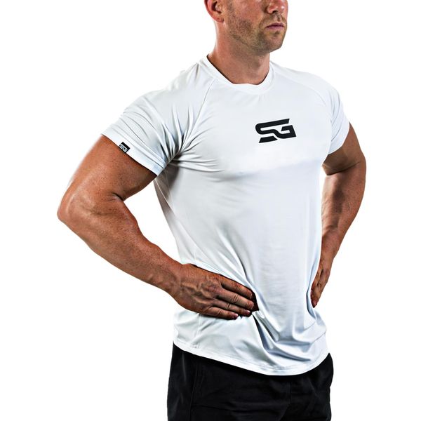 SATIRE GYM® - Fitness Slim Fit T-Shirt Herren/Funktionelles & schnell trocknendes Sportshirt Herren kurzarm – Herren Fitness Shirt als Bodybuilding Shirt & Workout Gym Shirt (L, weiß - SG Print)