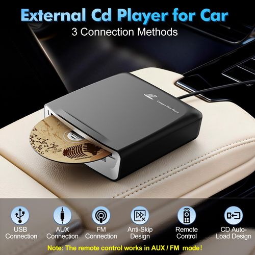 External Universal CD Player for Car - Lehwey Portable Car CD Players with AUX Cable & Remote Control, Plugs into Cars USB Port, Laptop, TV, Mac, Computer, for Android 4.4 and Above Navigation