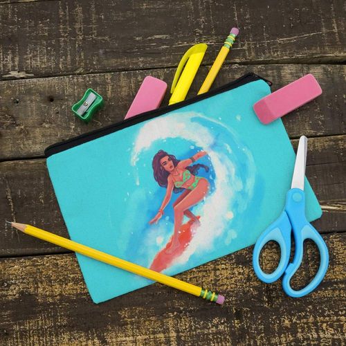 Surfer Girl Surfing On Wave With Surfboard Pencil Pen Organizer Zipper Pouch Case