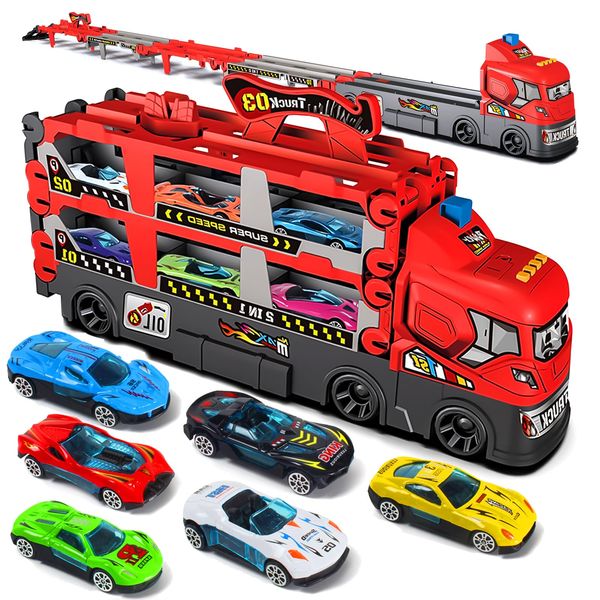 Colourbing Car Carrier Truck 63 inch Foldable Trucks Toys for Kids Ages 4-8 2 Layer Playset Transport Car Track & 6 Die Cast Cars Race Track for Kids Ages 3-5 Christmas Birthday Gifts for Boys Girls