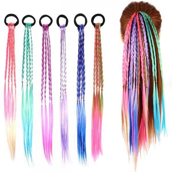 Dimeho 6 Pcs Braids Hair Extensions Colorful Rainbow Braided Rubber Bands Wig Braid Hair Rope Cosplay Ponytail Holders Hairpieces Styling Accessories for Women Party Dress Up