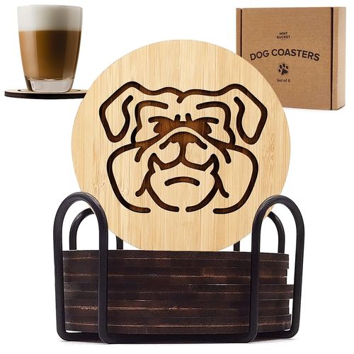 Set of 6 Bamboo Coasters with Holder - 3.9 Inch Fun Dog Coasters - Non-Stick Absorbent Engraved Laser-Cut - Durable, Washable (Bulldog)