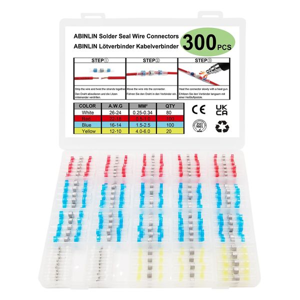 Solder Seal Wire Connectors 300 Pcs - Heat Shrink Connectors, Solderstick Waterproof Solder Wire Connector Kit, Electrical Connectors, Automotive Solder Stick Connectors