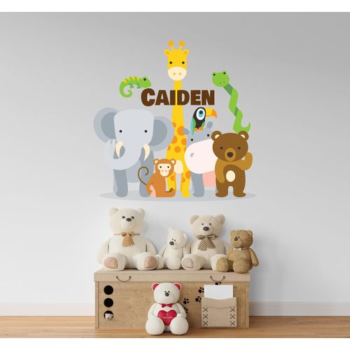 Custom Name Jungle Animals Wall Decal - Baby Safari Zoo Animals Series Theme Wall Art Decal - Wall Decal for Nursery Bedroom playroom Decoration (Wide 20"x20" Height)