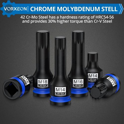 VORXEON 1/2" Drive Triple Square Spline Impact Bit Sockets Long and Short Combinations Set, 6 Pcs XZN Socket 42 Cr-Mo M14 M16 M18 With Storage Case
