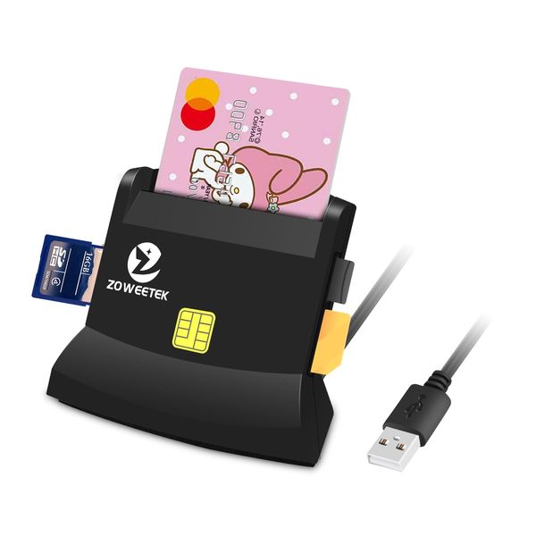 ZOWEETEK IC Card Reader, Card Reader, My Number Compatible, SD Card Reader, Compatible with CAC/SD/Micro SD (TF)/SIM Smart Card Reader, Plug & Play USB Connected IC Chip Card, Multifunctional,