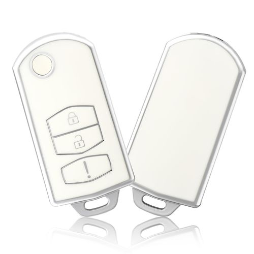 OFFCURVE Key Fob Cover for Mazda, Special Key Fob Case Cover Holder for Mazda 2 3 5 6 RX8 CX5 CX7 CX9 MX5 MPV Miata Smart Car Accessories, White Silver