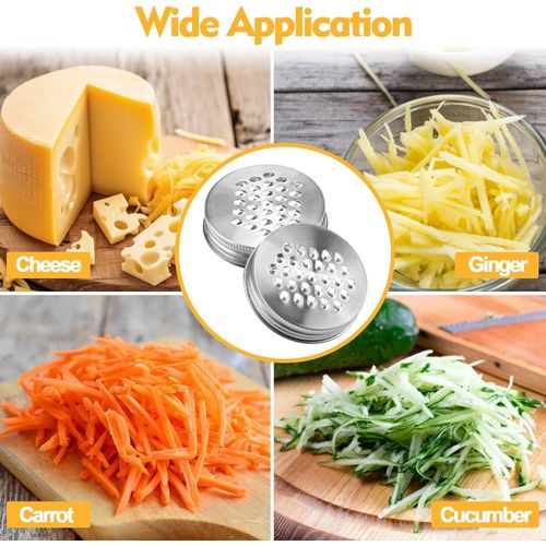 Vakerga 2 Pcs Mason Jar Grater Lid,Multipurpose Mason Jar Cheese Grater Lid Wide Mouth and Narrow Mouth, Reusable Mason Jar Cheese Shaker Lid, Practical Stainless Steel Mason Jar Shaker Lids, Silver