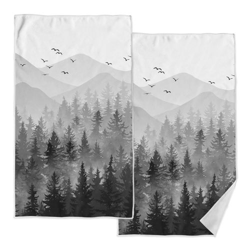 Accnicc 2 Pack Grey Misty Forest Hand Towels for Bathroom Black White Foggy Woodland Mountain Birds Decorative Dish Kitchen Towels Absorbent Soft Microfiber Pine Trees Bath Towels Hotel Spa Decor