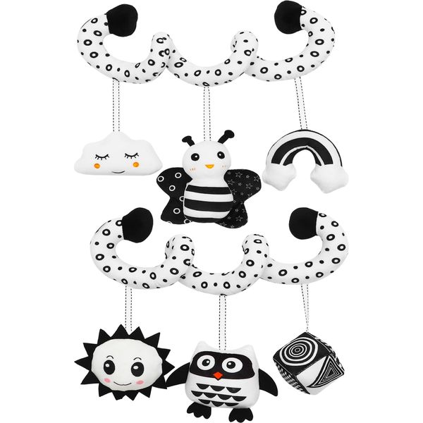 ONEST 2 Pieces Baby Spiral Hanging Stroller and Car Seat Toys Newborn Plush Activity Toys Black and White High Contrast Sensory Toys Baby Bed Bassinet Crib Carrier Gifts for 0-12 Months Baby